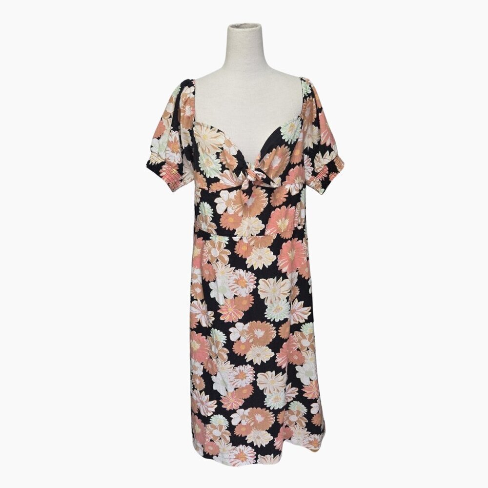 Roxy Boho Babydoll Dress L Black Smocked Floral Cotton Summer Lightweight NWT